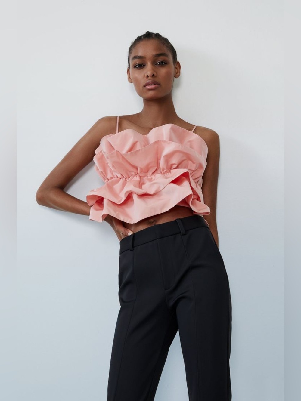 Zara Voluminous Pink Ruffle Taffeta Spaghetti Strap Crop Top